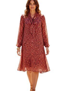 ✨ BODEN Red Floral Tie Neck A-Line Dress 8 Lined Garden Party EUC ❤️